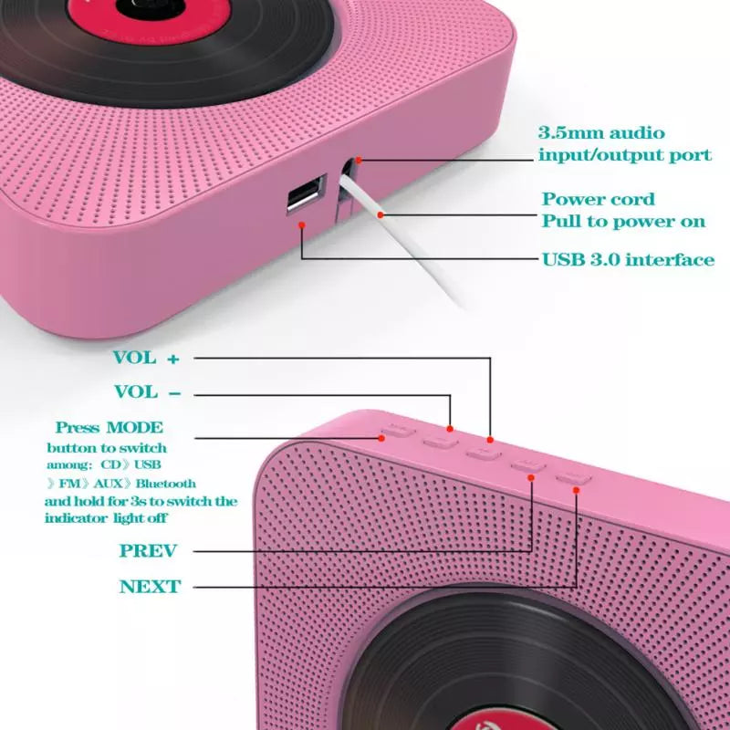 New Wall Mounted CD Player Surround Sound FM Radio Bluetooth USB MP3 Disk Portable Music Player Remote Control Stereo Speaker