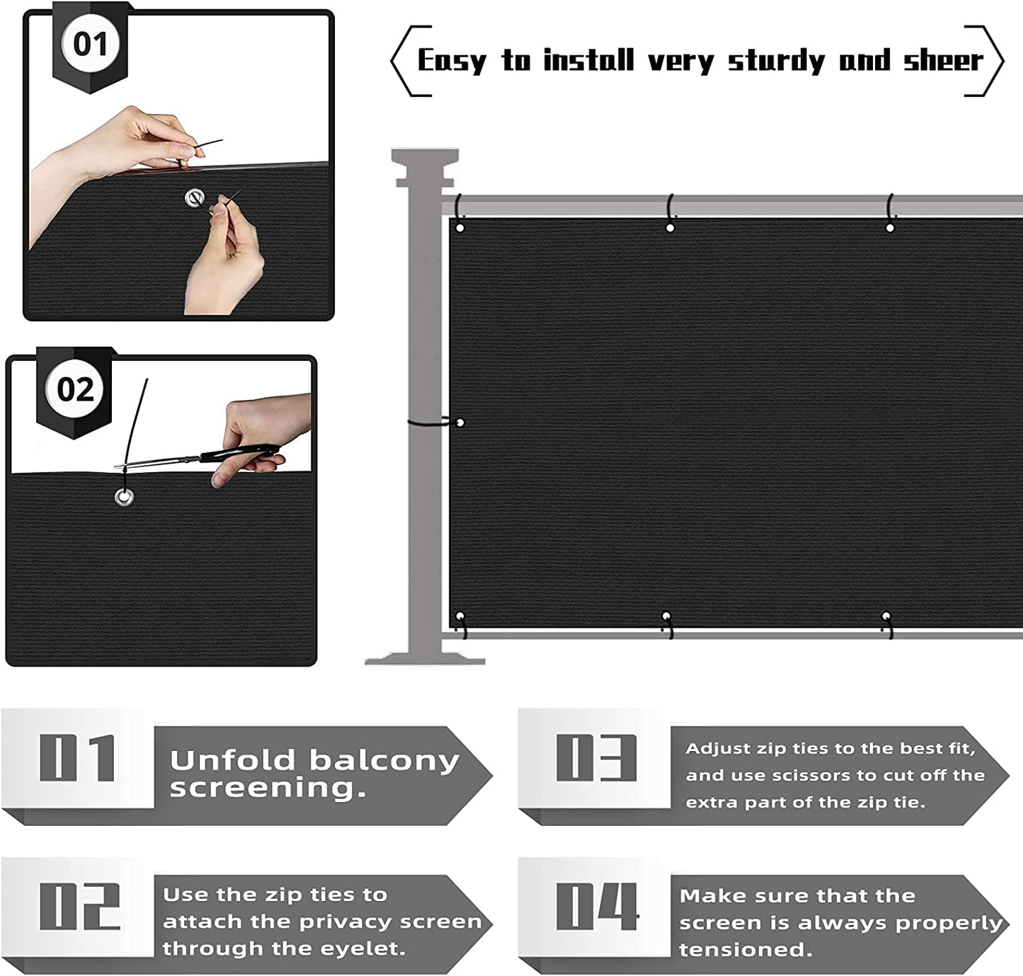 3'X10'Balcony Privacy Screen Cover Fence Cover UV Protection Weatherproof Windscreen Heavy Duty for Patio, Backyard,Black