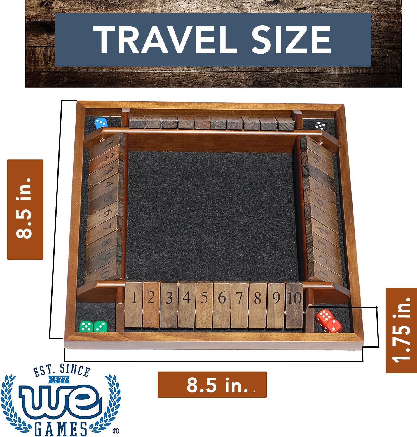 WE Games Shut the Box Wooden 1-4 Player Board Game Travel Size, the Original Table Top Dice Game for Kids and Families, Learn Math, for Classrooms, Pubs or at Home, 14 Inches, Includes 8 Dice