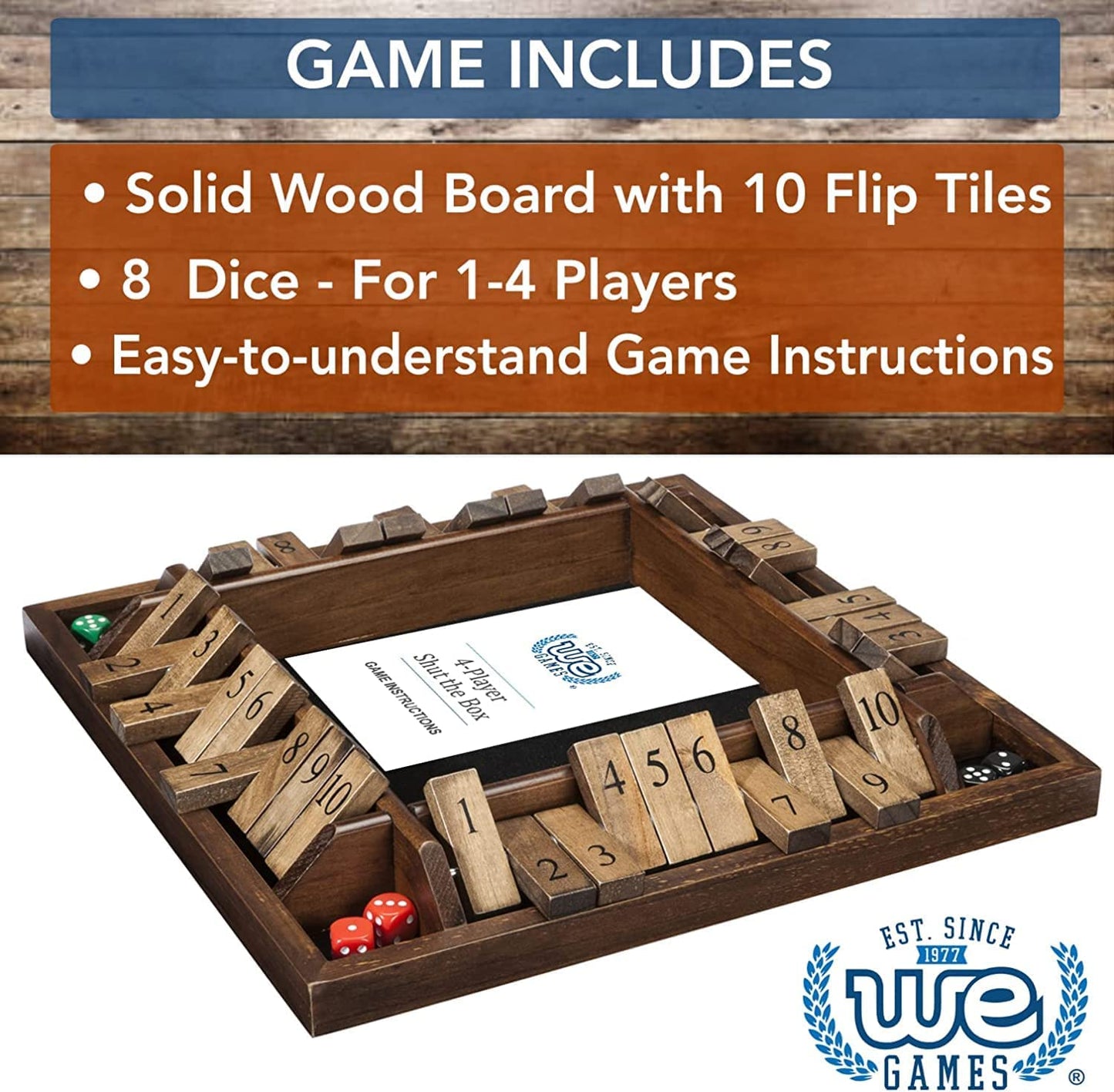 WE Games Shut the Box Wooden 1-4 Player Board Game Travel Size, the Original Table Top Dice Game for Kids and Families, Learn Math, for Classrooms, Pubs or at Home, 14 Inches, Includes 8 Dice