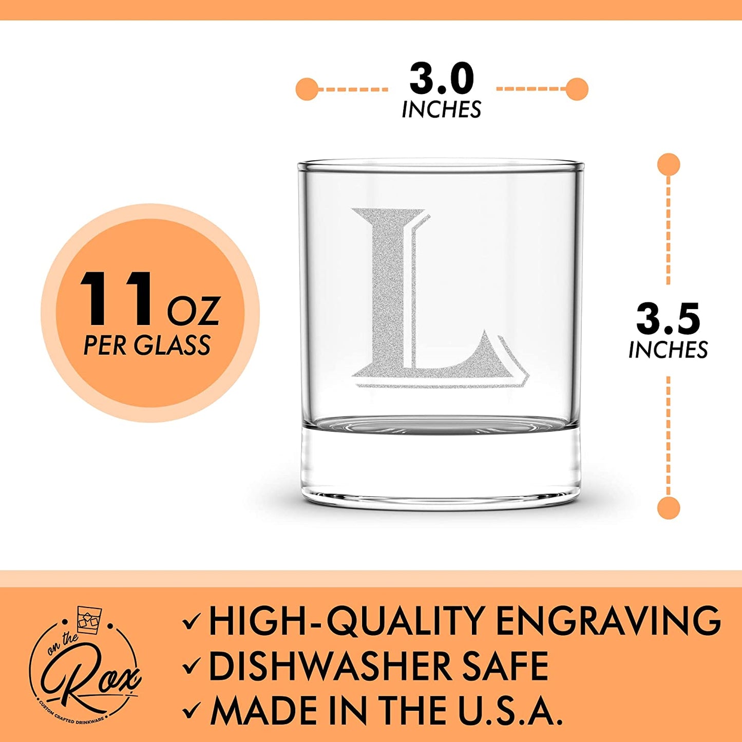 Monogrammed Gifts for Men - 4PC 11 Oz Custom Whiskey Glasses (L-Monogram) - Engraved Whiskey Glasses - Personalized Whiskey Glasses - Unique Bourbon Glasses
