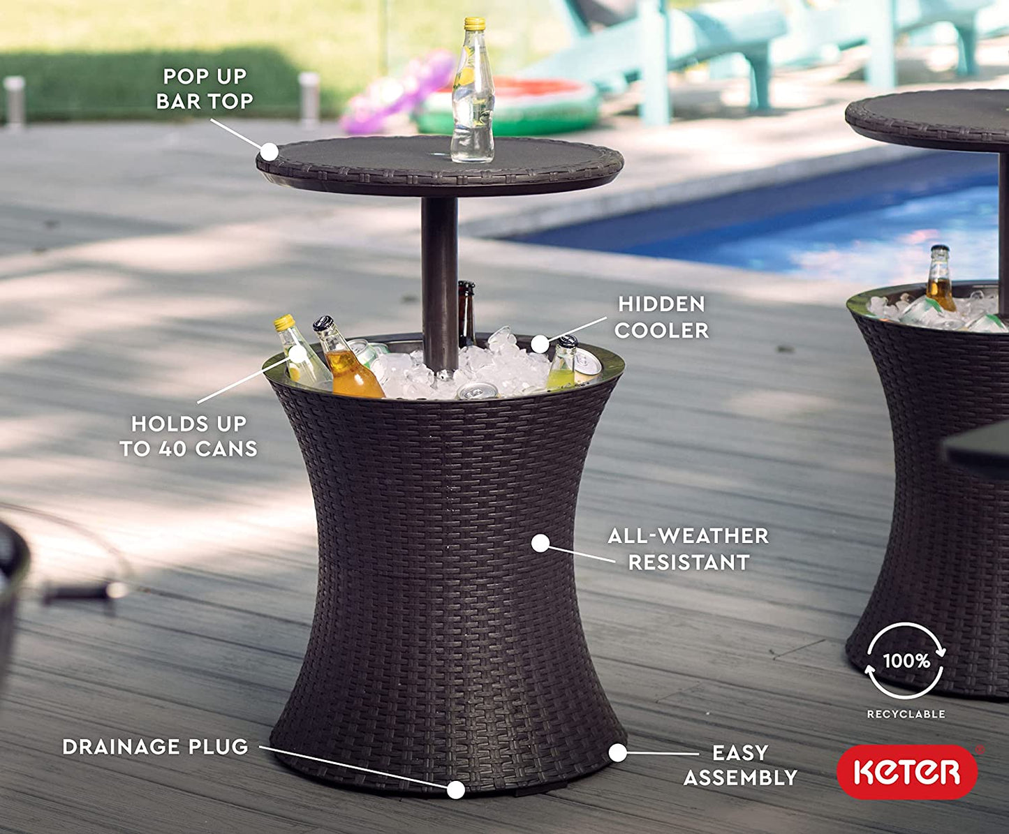 Outdoor Patio Furniture and Hot Tub Side Table with 7.5 Gallon Beer and Wine Cooler, Brown