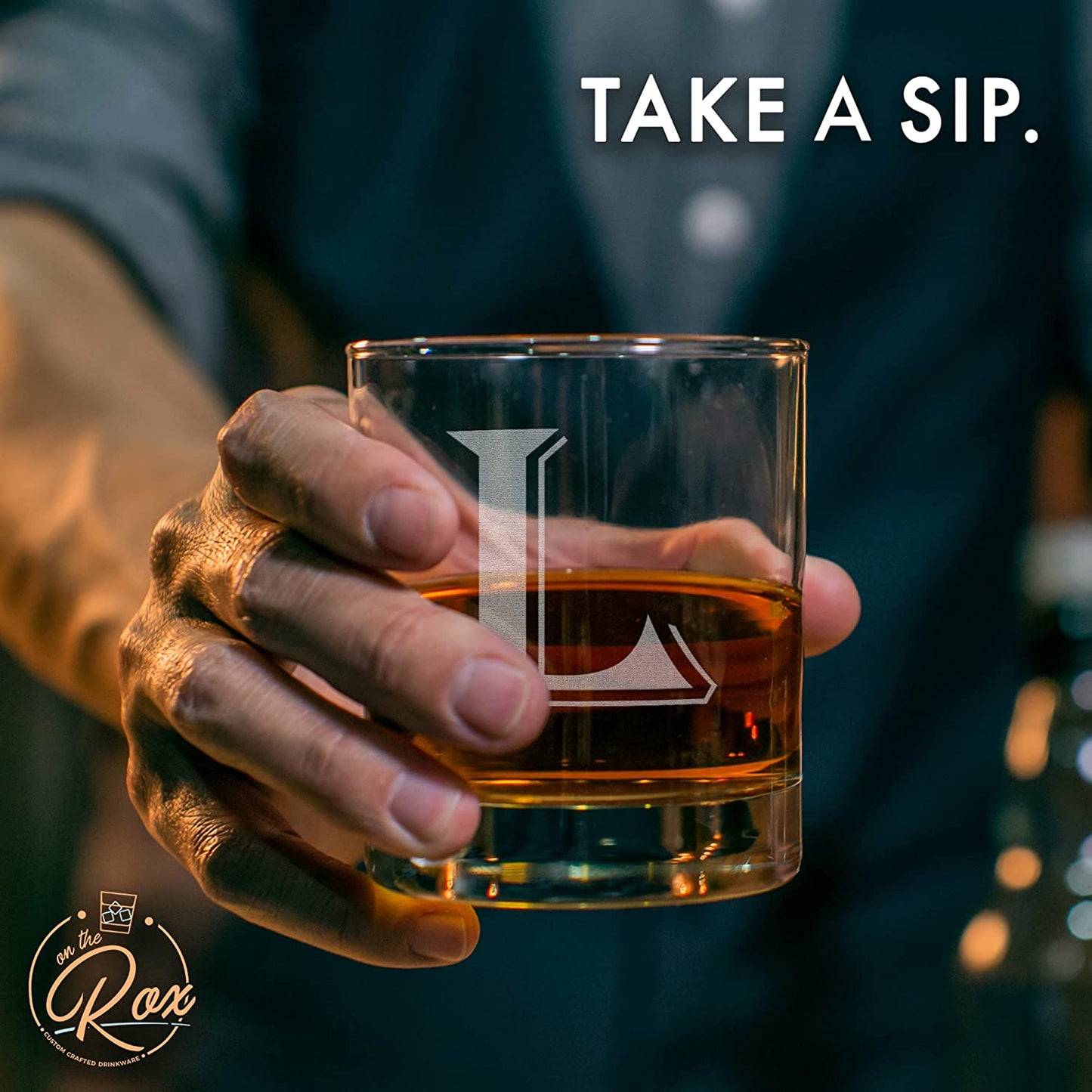 Monogrammed Gifts for Men - 4PC 11 Oz Custom Whiskey Glasses (L-Monogram) - Engraved Whiskey Glasses - Personalized Whiskey Glasses - Unique Bourbon Glasses