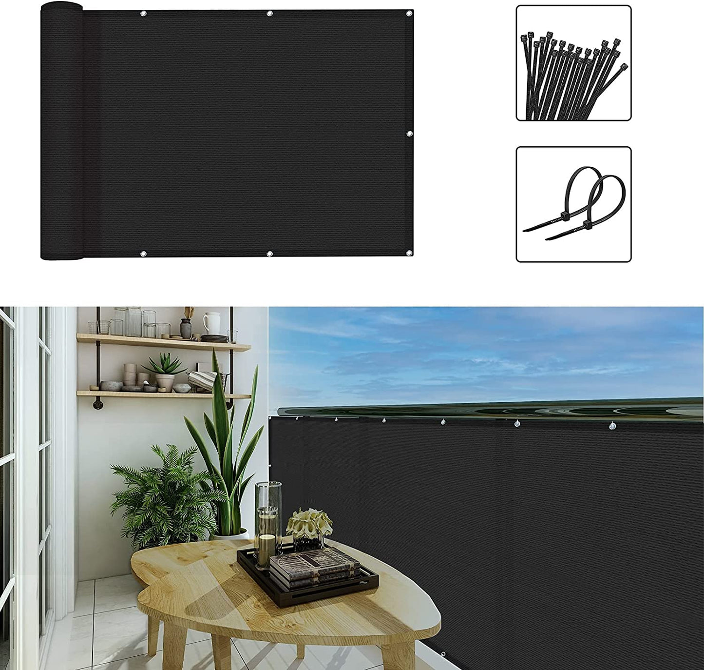 3'X10'Balcony Privacy Screen Cover Fence Cover UV Protection Weatherproof Windscreen Heavy Duty for Patio, Backyard,Black