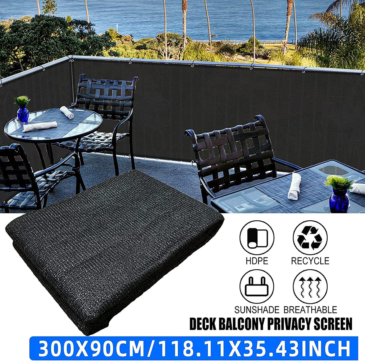 3'X10'Balcony Privacy Screen Cover Fence Cover UV Protection Weatherproof Windscreen Heavy Duty for Patio, Backyard,Black