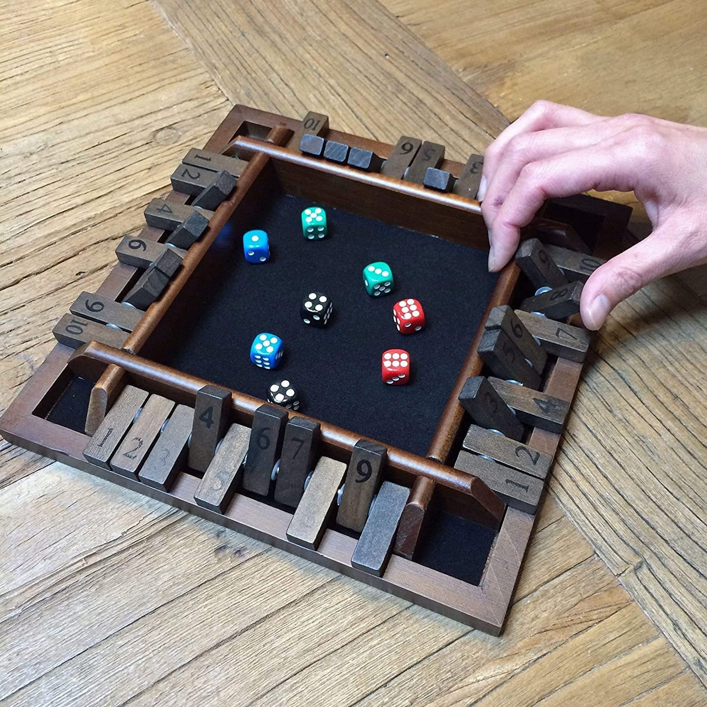 WE Games Shut the Box Wooden 1-4 Player Board Game Travel Size, the Original Table Top Dice Game for Kids and Families, Learn Math, for Classrooms, Pubs or at Home, 14 Inches, Includes 8 Dice