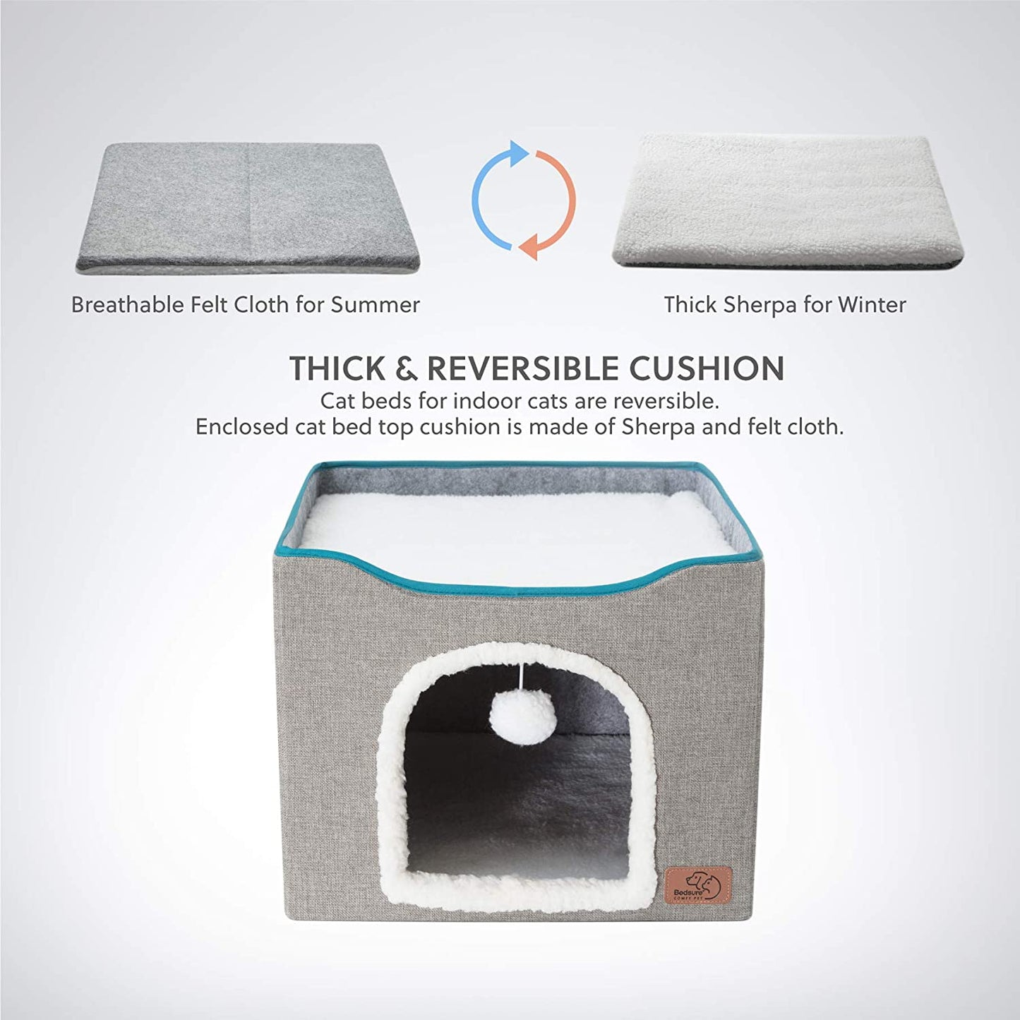 Bedsure Cat Beds for Indoor Cats - Large Cat Cave for Pet Cat House with Fluffy Ball Hanging and Scratch Pad, Foldable Cat Hideaway,16.5X16.5X14 Inches, Grey