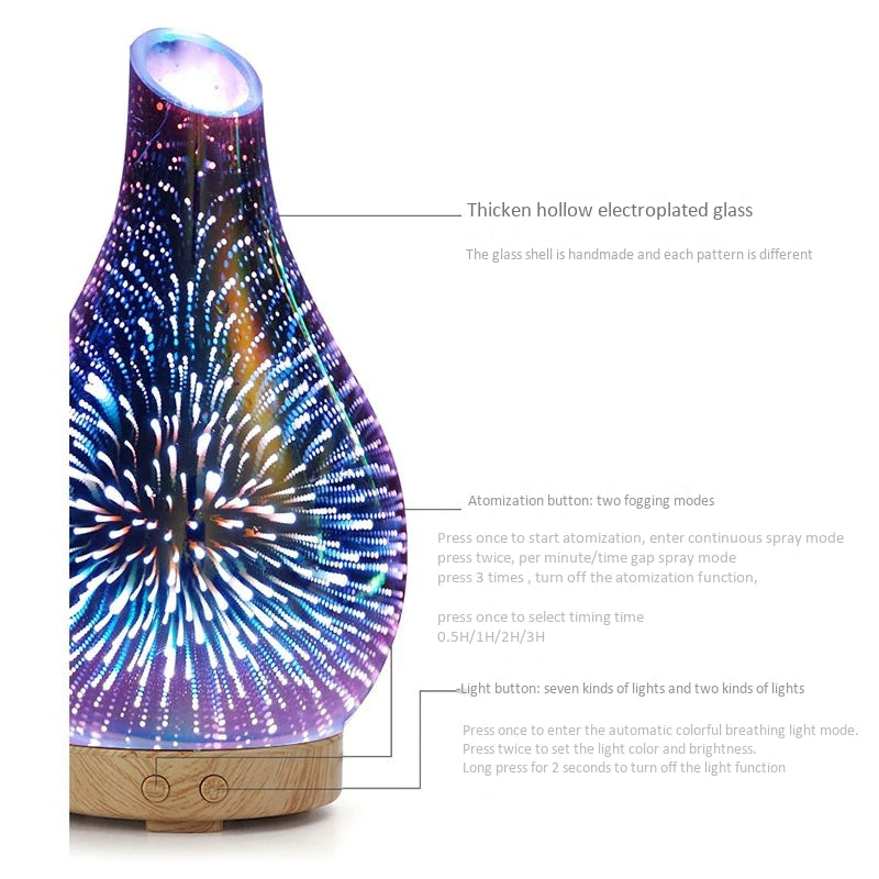 100Ml Essential Oil Diffuser 3D Glass Aromatherapy Ultrasonic Cool Mist Humidifier with 7 Color Changing Leds