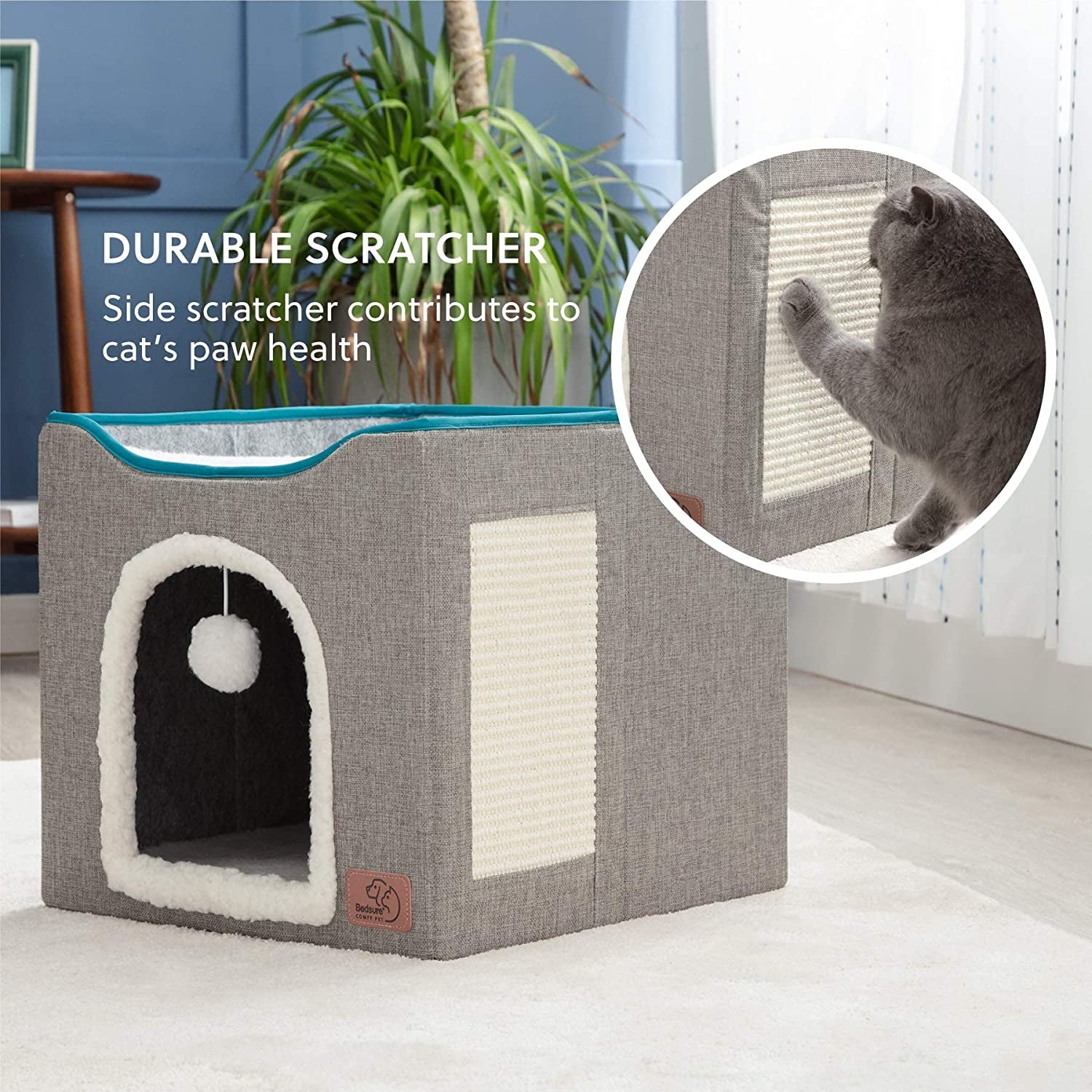 Bedsure Cat Beds for Indoor Cats - Large Cat Cave for Pet Cat House with Fluffy Ball Hanging and Scratch Pad, Foldable Cat Hideaway,16.5X16.5X14 Inches, Grey