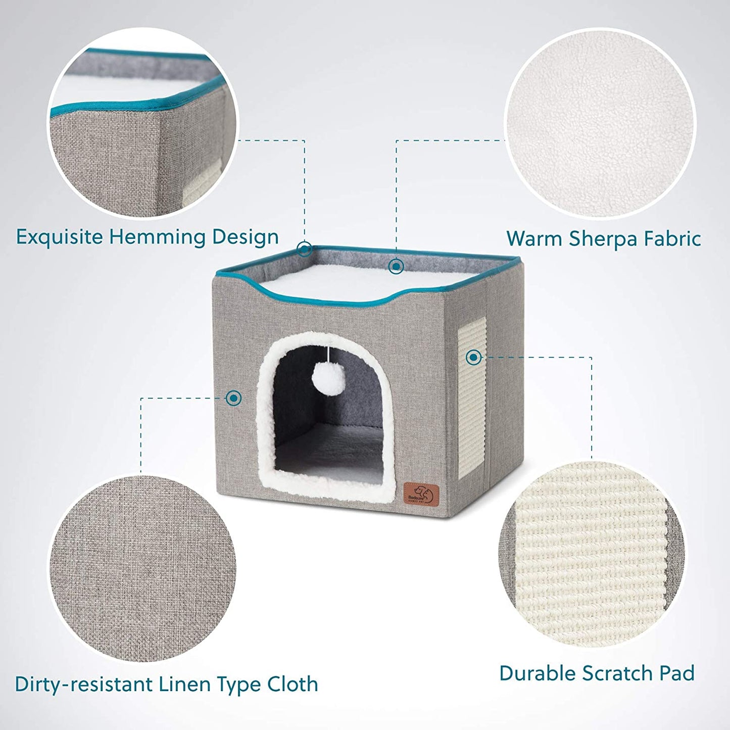 Bedsure Cat Beds for Indoor Cats - Large Cat Cave for Pet Cat House with Fluffy Ball Hanging and Scratch Pad, Foldable Cat Hideaway,16.5X16.5X14 Inches, Grey