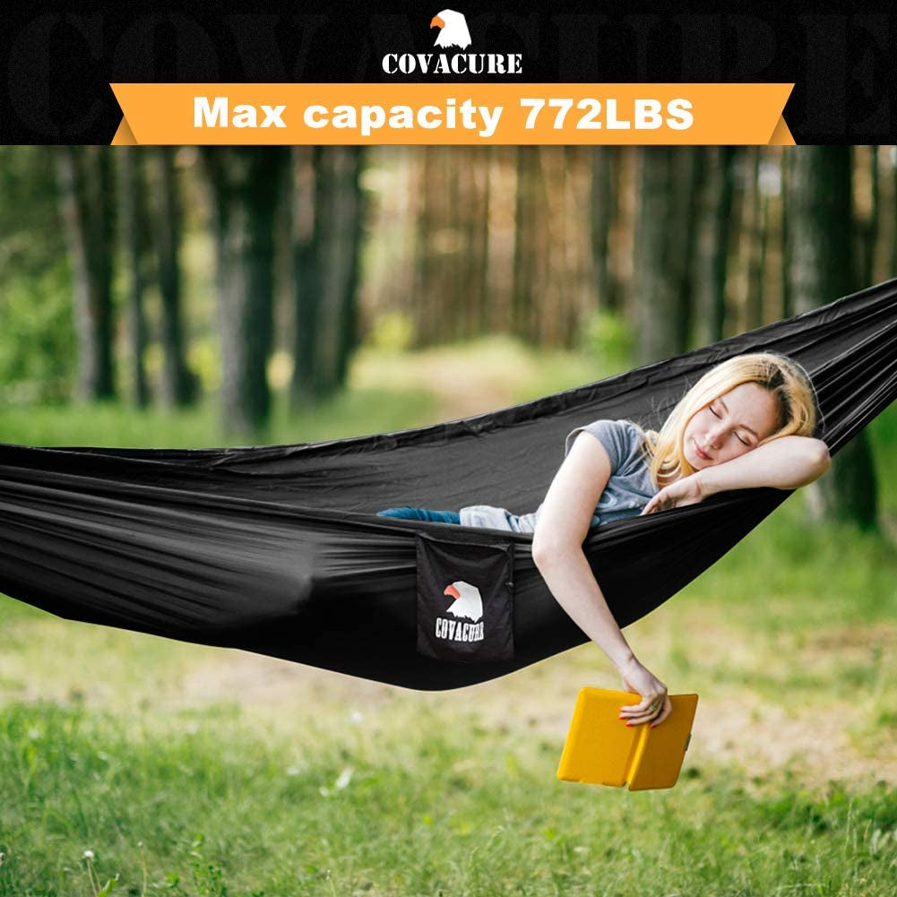 Camping Hammock - Lightweight Double Hammock, Hold up to 772Lbs, Portable Hammocks for Indoor, Outdoor, Hiking, Camping, Backpacking, Travel, Backyard, Beach(Black)