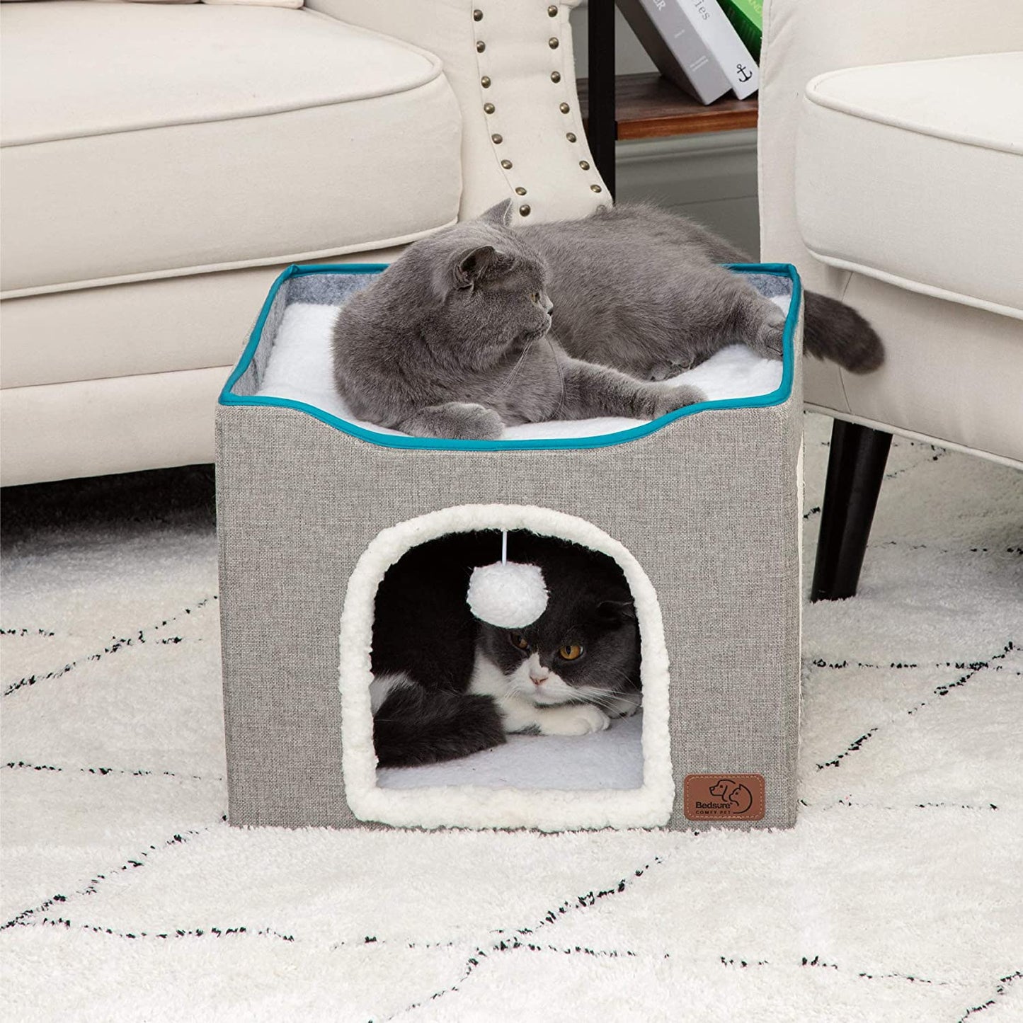 Bedsure Cat Beds for Indoor Cats - Large Cat Cave for Pet Cat House with Fluffy Ball Hanging and Scratch Pad, Foldable Cat Hideaway,16.5X16.5X14 Inches, Grey