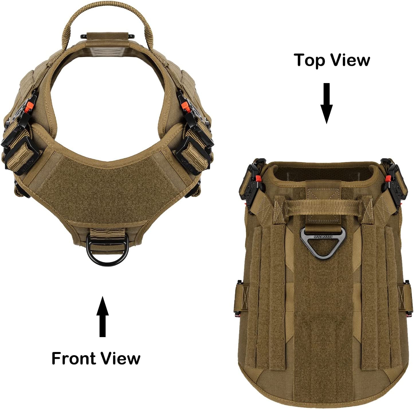 Tactical Dog Harness with 4X Metal Buckle, Dog MOLLE Vest with Handle, No Pulling Front Clip ,Hook and Loop Panel for Dog Custom Patch (L (28"-35" Girth), Coyote Brown)