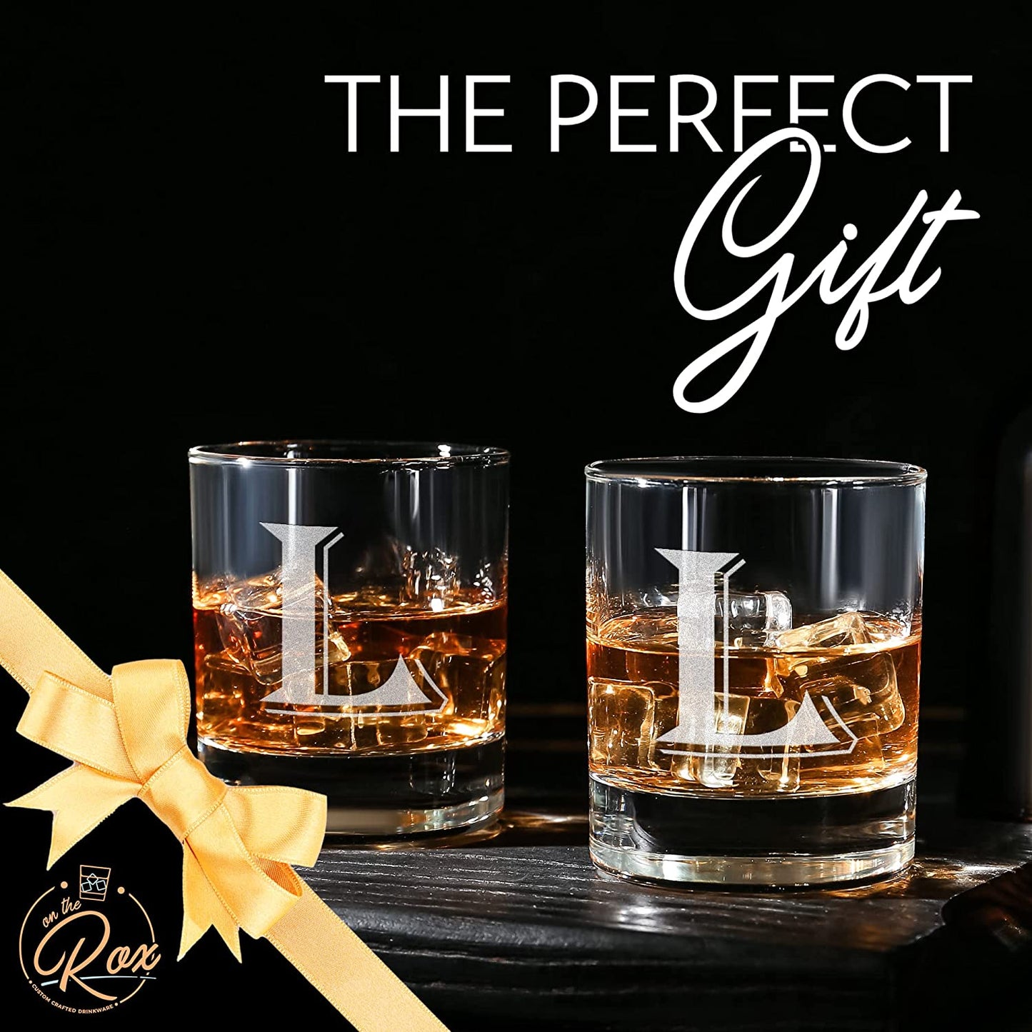 Monogrammed Gifts for Men - 4PC 11 Oz Custom Whiskey Glasses (L-Monogram) - Engraved Whiskey Glasses - Personalized Whiskey Glasses - Unique Bourbon Glasses 
