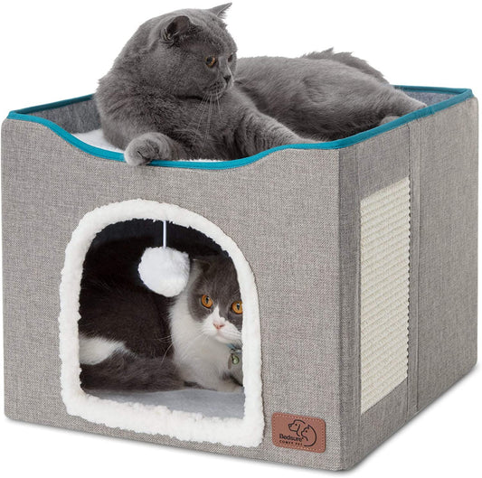 Bedsure Cat Beds for Indoor Cats - Large Cat Cave for Pet Cat House with Fluffy Ball Hanging and Scratch Pad, Foldable Cat Hideaway,16.5X16.5X14 Inches, Grey