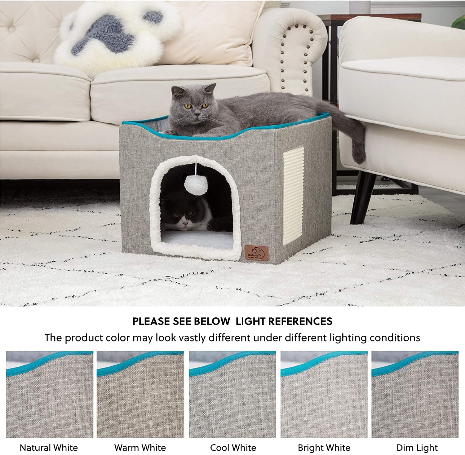 Bedsure Cat Beds for Indoor Cats - Large Cat Cave for Pet Cat House with Fluffy Ball Hanging and Scratch Pad, Foldable Cat Hideaway,16.5X16.5X14 Inches, Grey