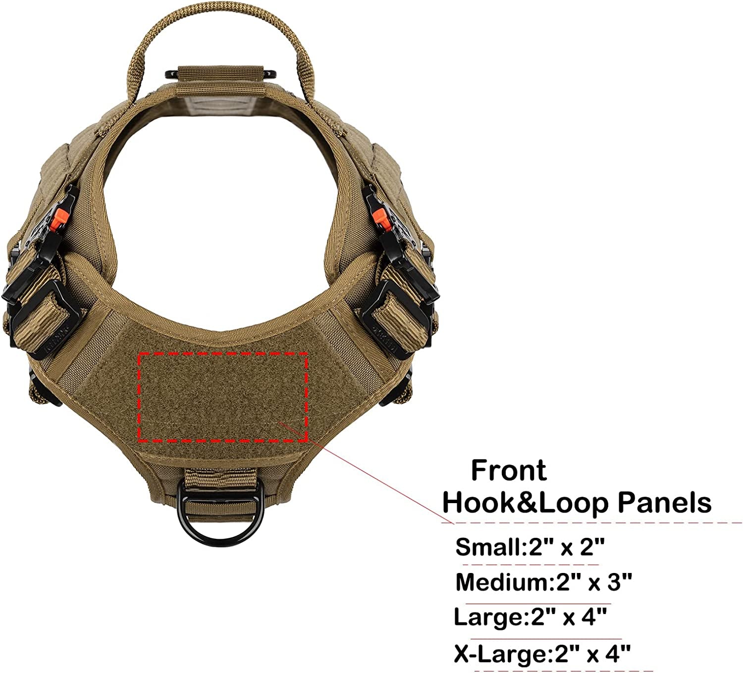 Tactical Dog Harness with 4X Metal Buckle, Dog MOLLE Vest with Handle, No Pulling Front Clip ,Hook and Loop Panel for Dog Custom Patch (L (28"-35" Girth), Coyote Brown)