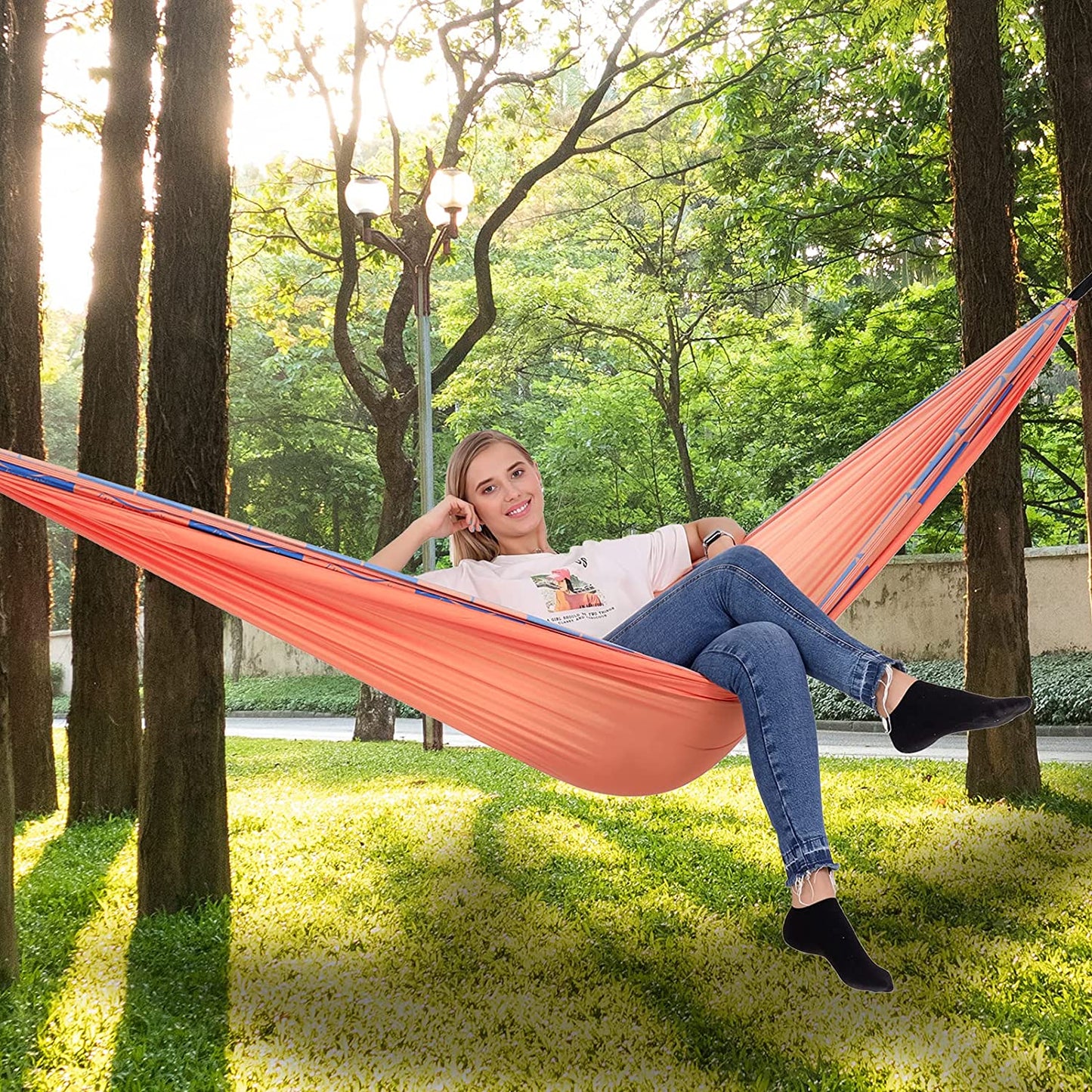 Camping Hammock Double with 2 Free Straps, Portable Double Swing Nylon Parachute, Ultralight Patio for Travel Yard Outdoor(Orange)