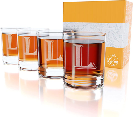 Monogrammed Gifts for Men - 4PC 11 Oz Custom Whiskey Glasses (L-Monogram) - Engraved Whiskey Glasses - Personalized Whiskey Glasses - Unique Bourbon Glasses 