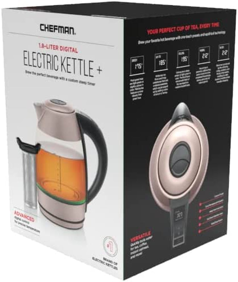 Digital Electric Kettle with Rapid 3 Minute Boil Technology, Custom Steep Timer & Temperature Presets, Bonus Tea Infuser, Rust & Discoloration Proof, 1.8 Liter, Rose, 1500W