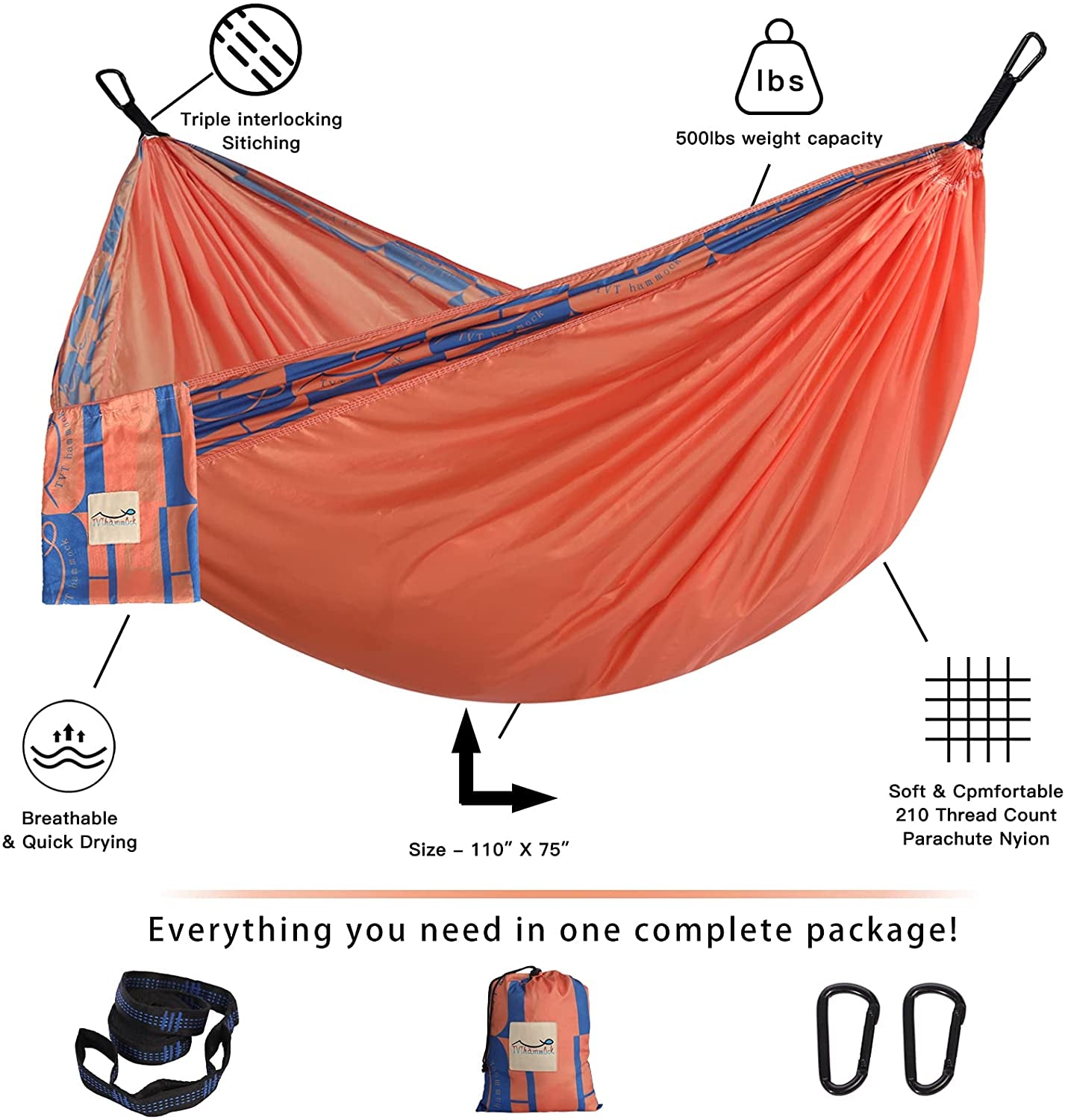 Camping Hammock Double with 2 Free Straps, Portable Double Swing Nylon Parachute, Ultralight Patio for Travel Yard Outdoor(Orange)