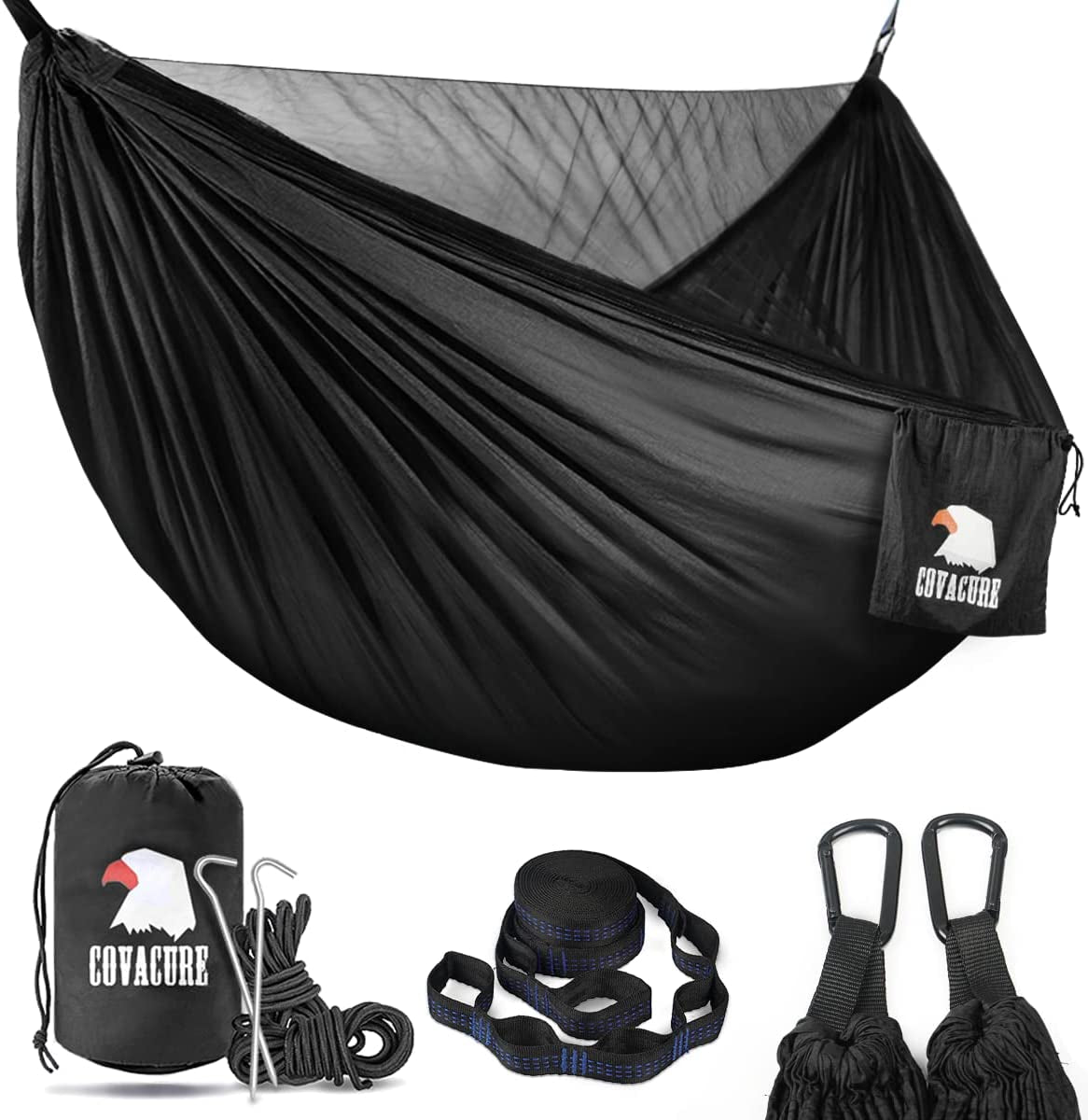 Camping Hammock - Lightweight Double Hammock, Hold up to 772Lbs, Portable Hammocks for Indoor, Outdoor, Hiking, Camping, Backpacking, Travel, Backyard, Beach(Black)