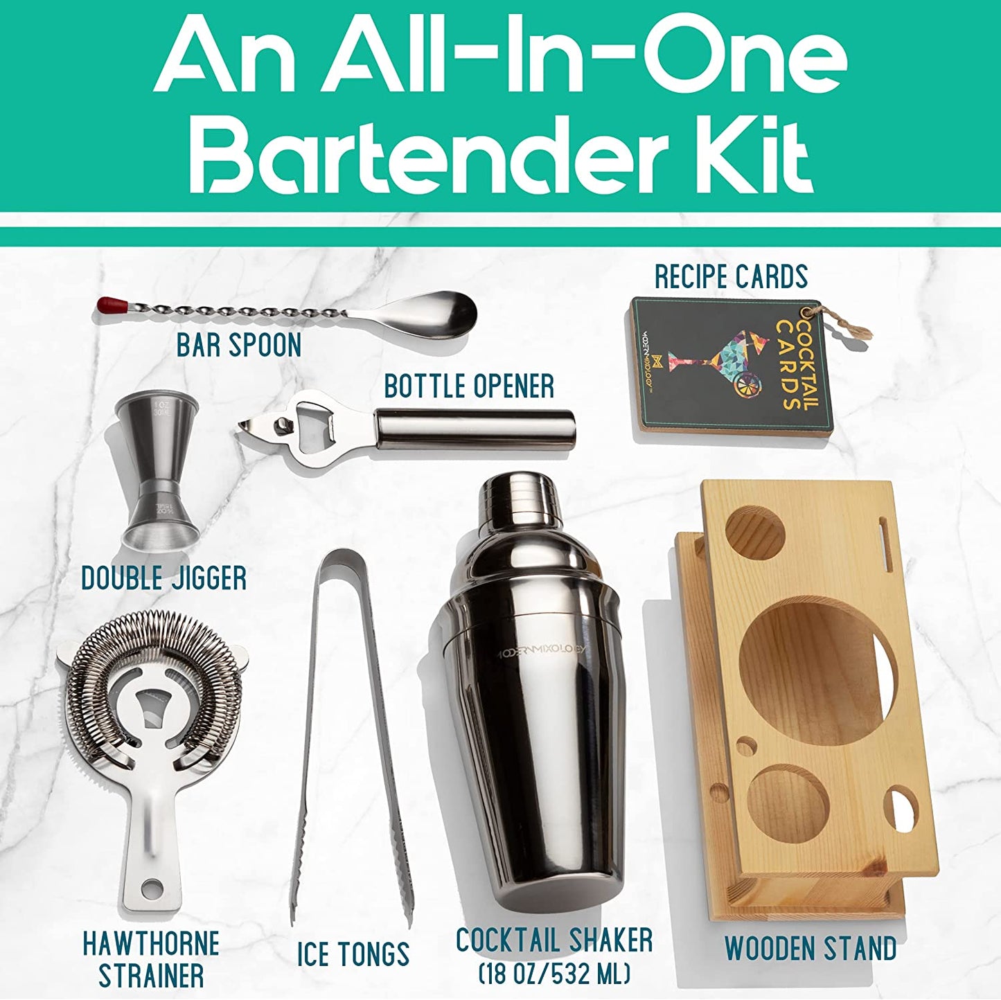 Mixology Bartender Kit with Stand | Silver Bar Set Cocktail Shaker Set for Drink Mixing - Bar Tools: Martini Shaker, Jigger, Strainer, Bar Mixer Spoon, Tongs, Opener | Valentine'S Day Gift Idea