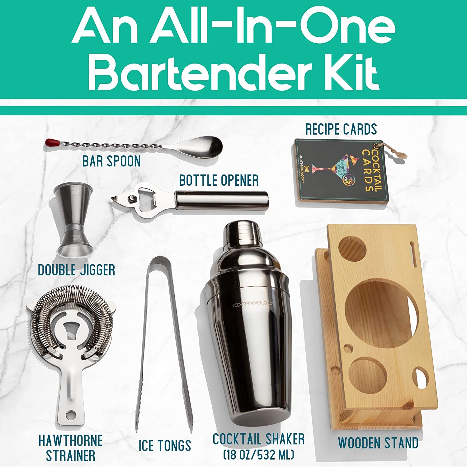 Mixology Bartender Kit with Stand | Silver Bar Set Cocktail Shaker Set for Drink Mixing - Bar Tools: Martini Shaker, Jigger, Strainer, Bar Mixer Spoon, Tongs, Opener | Valentine'S Day Gift Idea