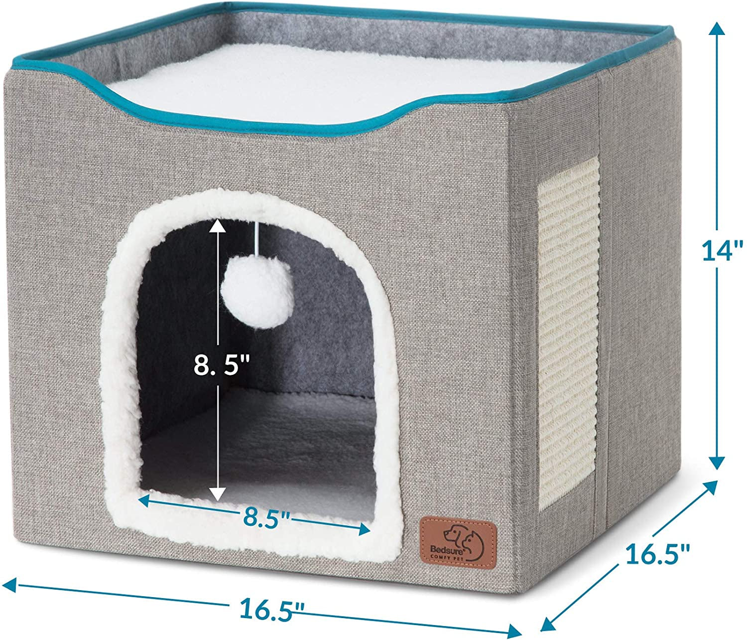 Bedsure Cat Beds for Indoor Cats - Large Cat Cave for Pet Cat House with Fluffy Ball Hanging and Scratch Pad, Foldable Cat Hideaway,16.5X16.5X14 Inches, Grey