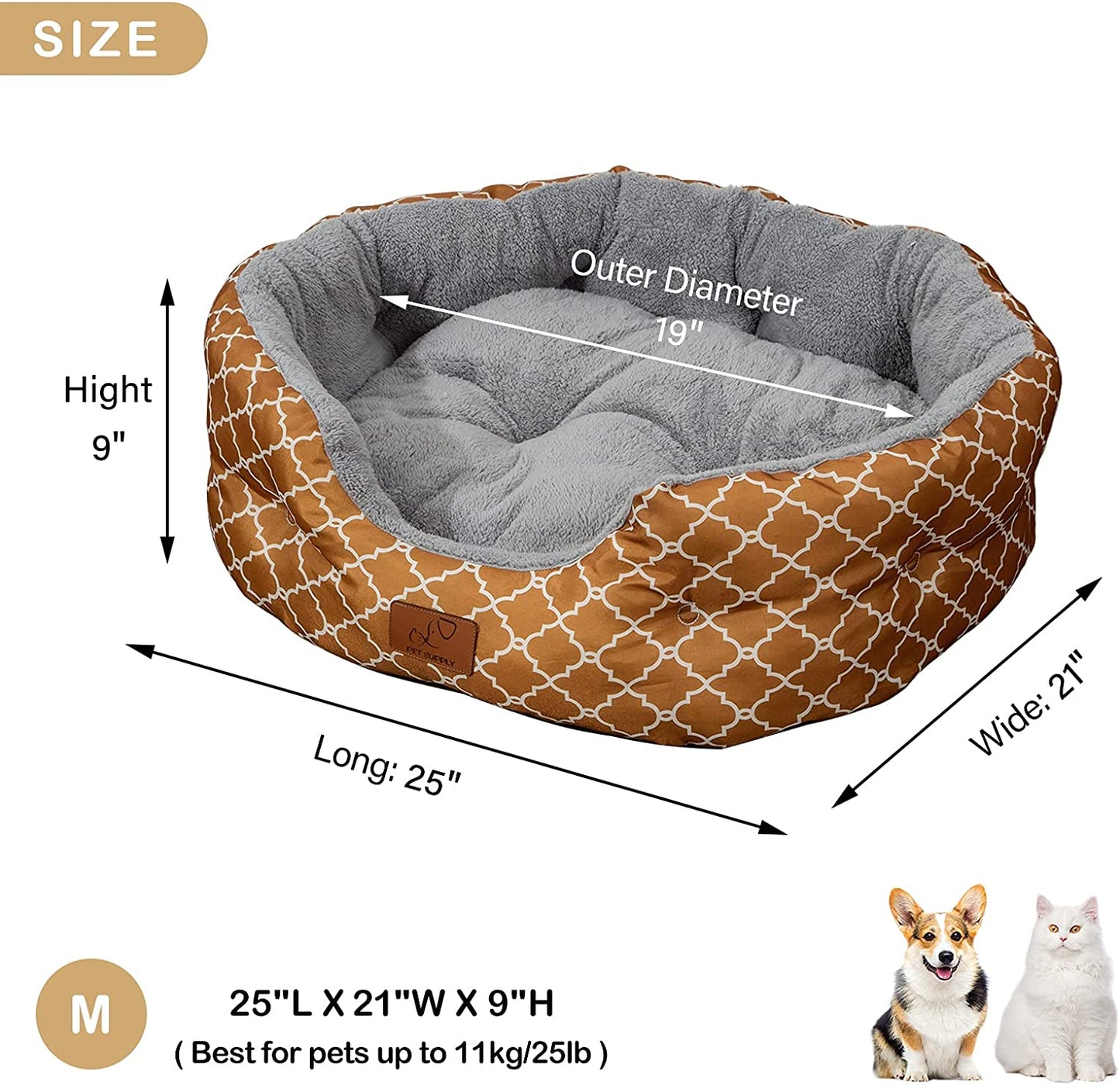 25 Inch Big Dog Bed & Cat Bed, Pet Beds for Indoor Cats or Small Dogs, Machine Washable Super Soft & Plush Flannel Pet Supplies, Slip-Resistant Oxford Bottom,Lantern Print Brown