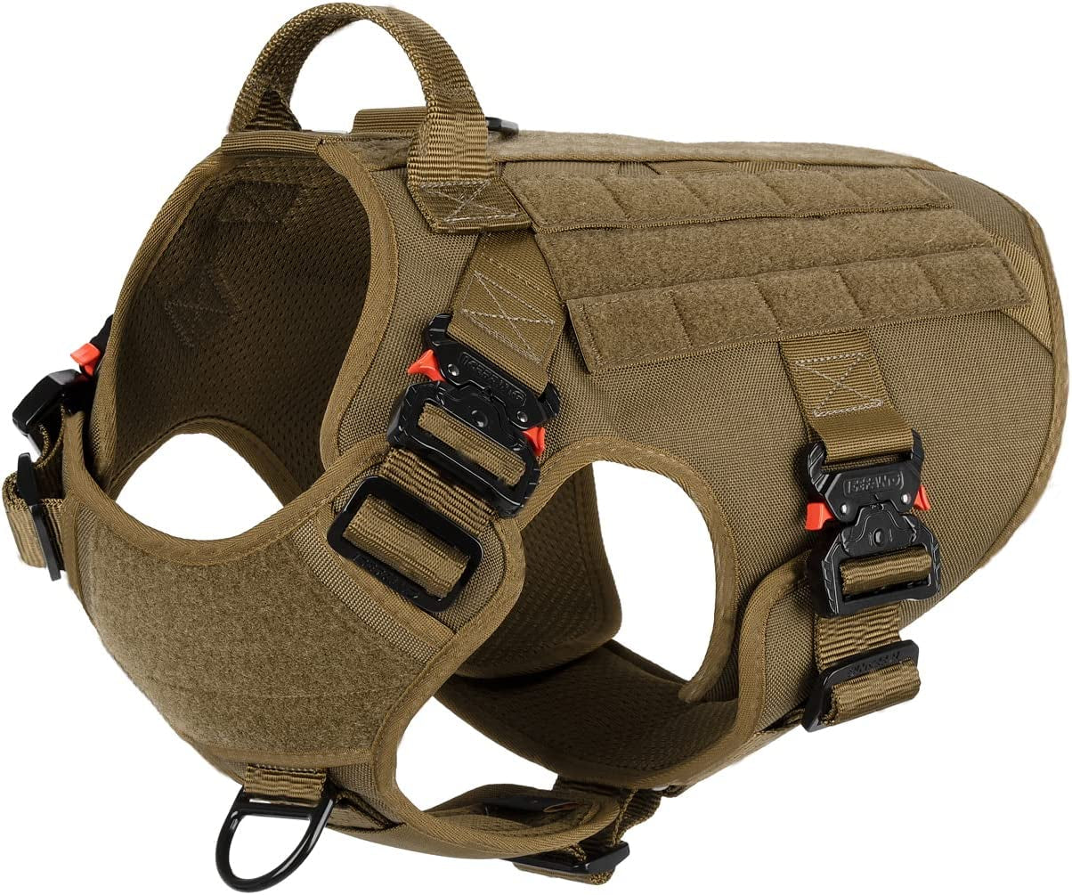 Tactical Dog Harness with 4X Metal Buckle, Dog MOLLE Vest with Handle, No Pulling Front Clip ,Hook and Loop Panel for Dog Custom Patch (L (28"-35" Girth), Coyote Brown)