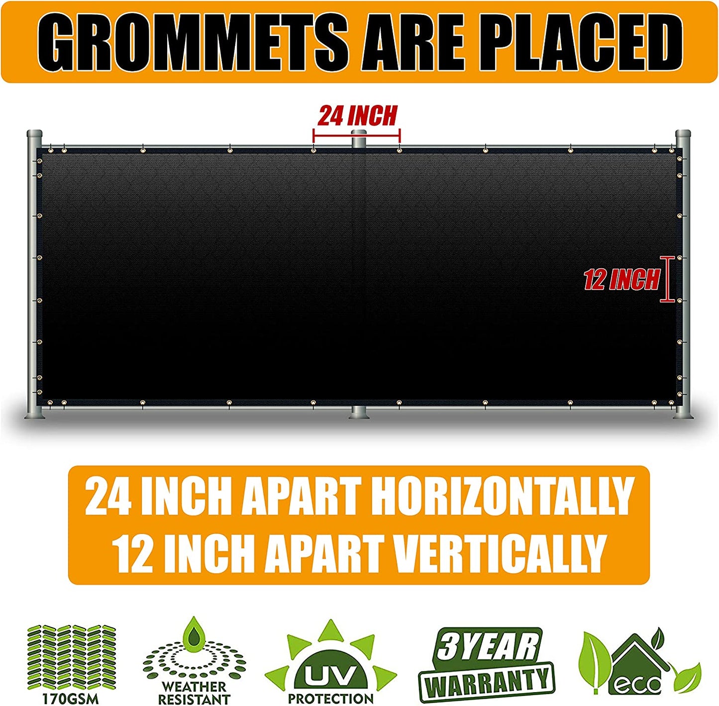 6' X 50' Black Fence Privacy Screen Windscreen, With Bindings & Grommets, Heavy Duty for Commercial and Residential